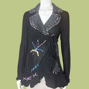 Vintage Black Knit Embroidered Flowy Cardigan with Freehand//floral Stitching